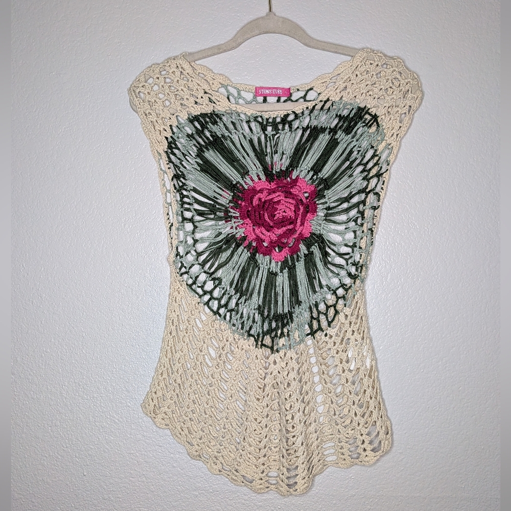 Stone Eyes Womens Tan Boho Cream Open Crochet Knit Floral Heart Layering Top L